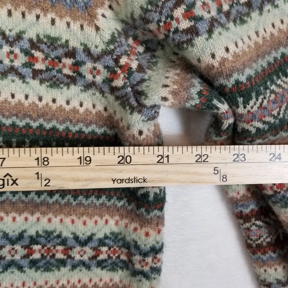 J. Crew Mens Fair Isle‎ Crewneck Sweater Green Brown Lambswool Blend Sz M